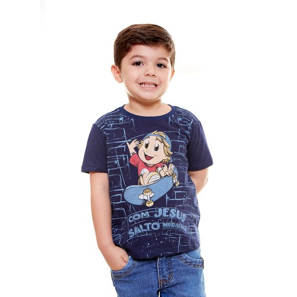 Camiseta infantil Com Jesus salto muralhas AK9616 Azul Marinho 2